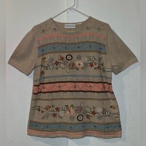 Alfred Dunner Embroidered & Beaded Floral Beige Knit Sweater